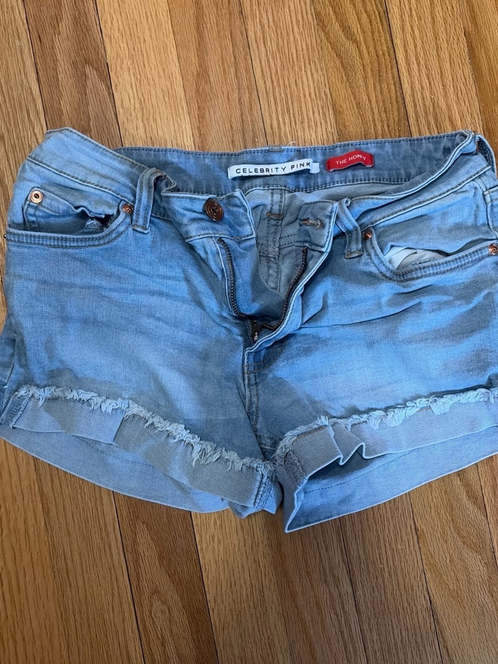 Celebrity Pink Light Blue Frayed Denim Shorts